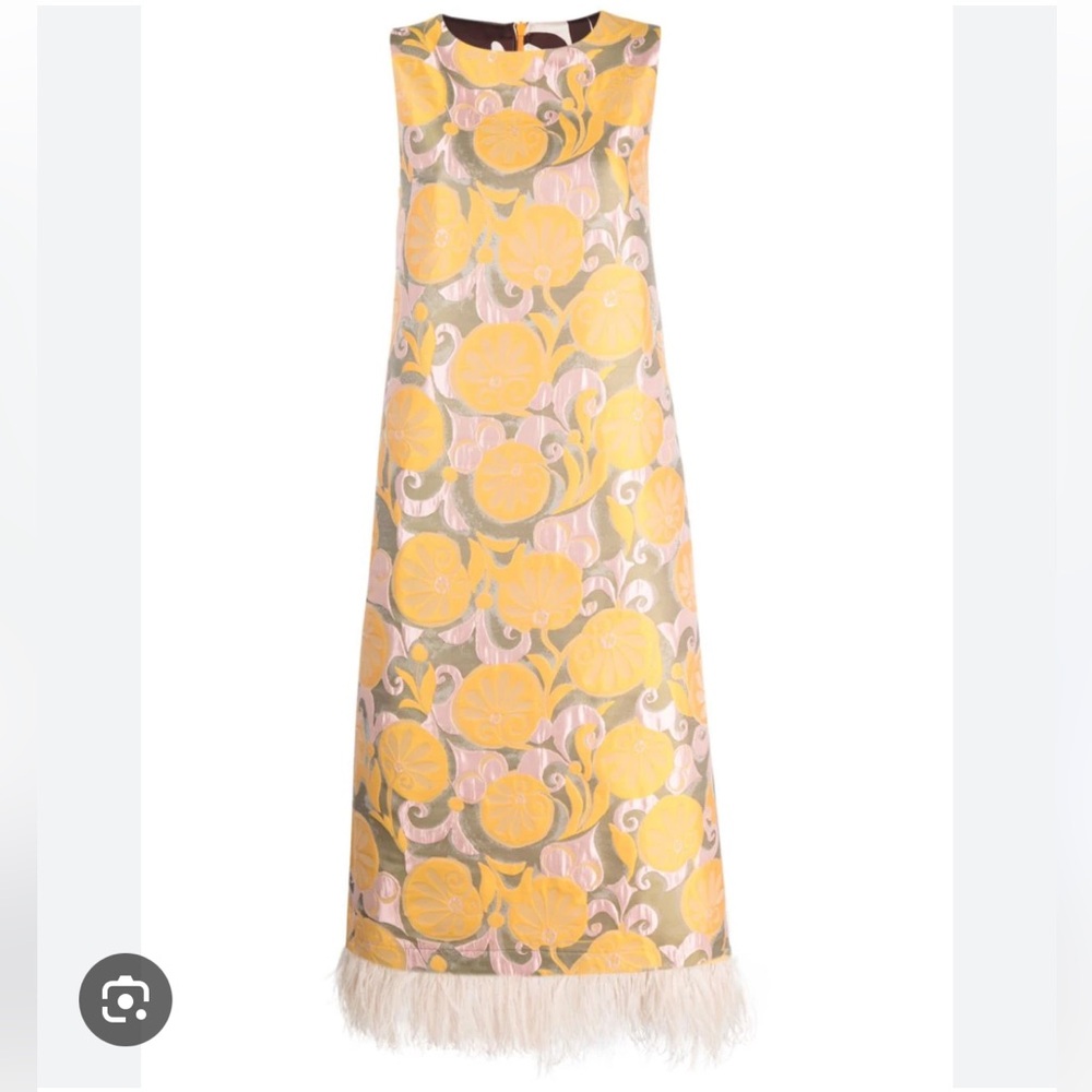 La DoubleJ Yellow Moonflower print Midi Column Dress with Feathers size small